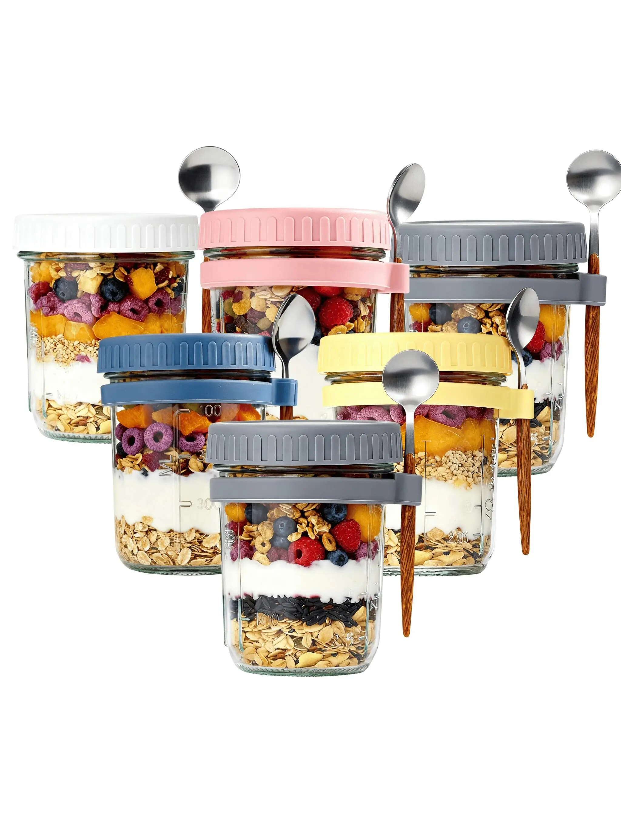 Oat cup, glass cup with lid and spoon, five color options (blue, white, gray, pink, yellow), transparent overnight oat container with measurement mark, sealed leak proof storage container for grains, milk, vegetables, and fruit salads, household glass cup