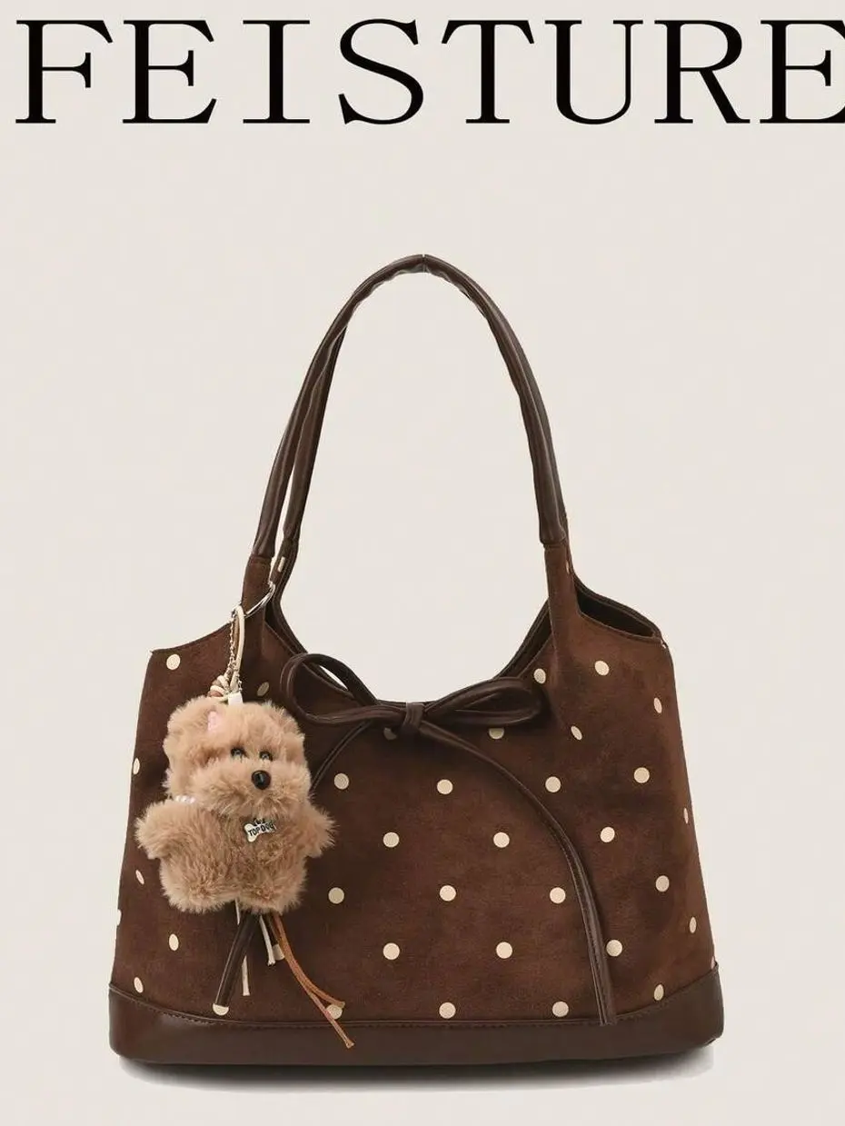 Women’s Brown Polka Dot Tote Bag with Bow & Teddy Bear Charm, Large Shoulder Handbag, Cute Y2K Everyday Purse for Work School Travel