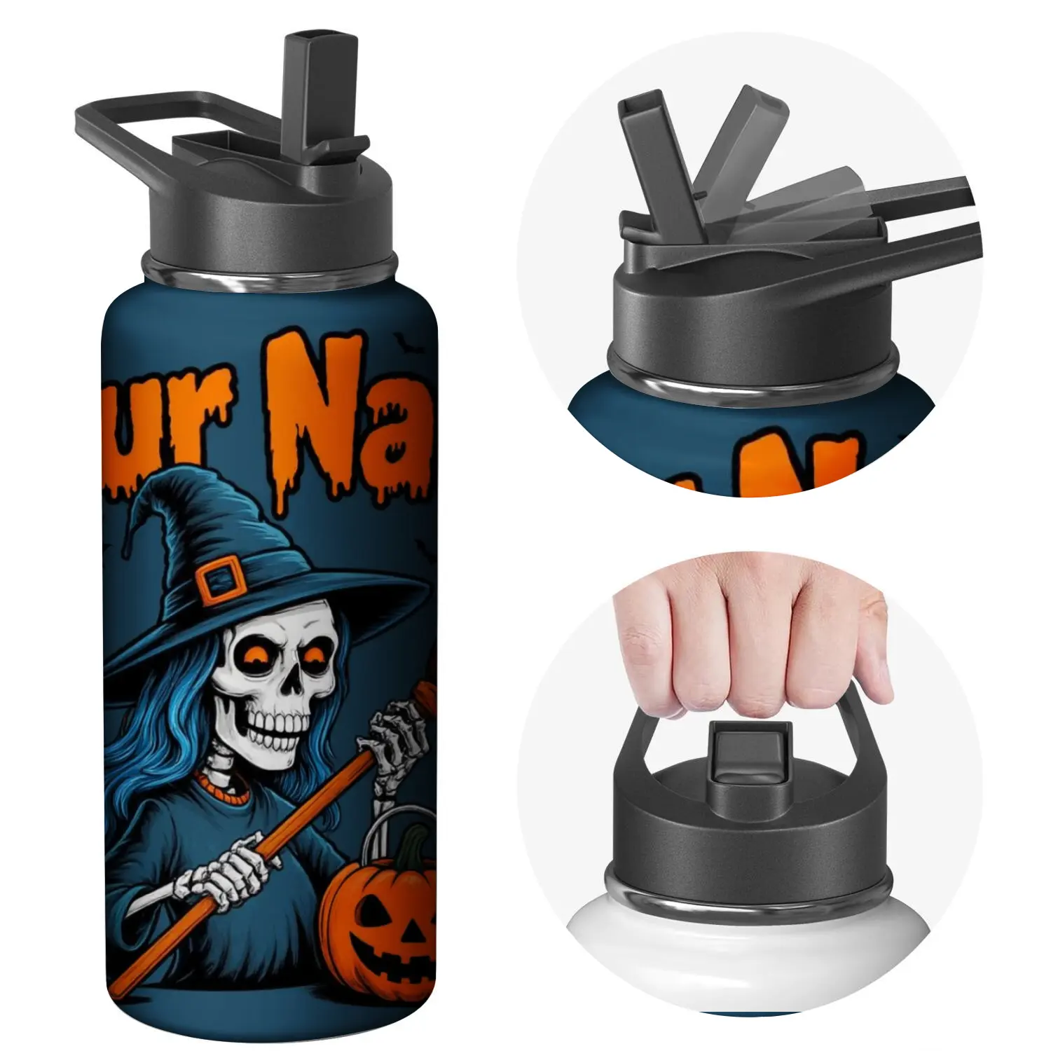 Customizable Stainless Steel Water Bottle with Witch Skeleton Halloween Design - Black, Orange and Blue Print, Personalized Name, Perfect for Outdoor Activities and Festive Events