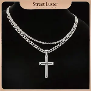 Stainless Steel Cross Necklace for Men - Layered Cross Pendant Necklaces Waterproof Stainless Steel Cuban Link Rope Chain Silver Necklace Stack Jewelry with Gift Bag 22-24 Inches,Valentine'S Day, Birthday Parties, Gifts