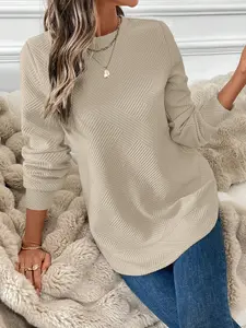 Women's Round Neck Fashion Textured Knit Pullover, Casual Long Sleeve Ol Sweatshirt, Comfortable Versatile Spring & Winter Wear, Tops, Womenswear