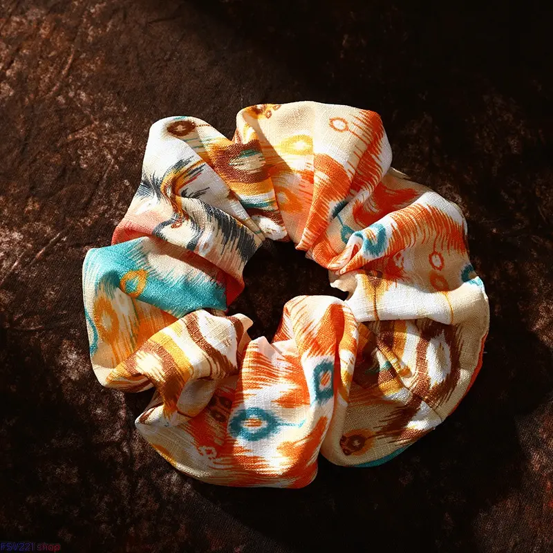 4/8-pcs Boho Ethnic Print Scrunchies Bohemian Soft Fabric Hair Ties, Casual Vacation Hair Accessories - Vintage Ikat Floral Fabric Hair Ties, Soft Large Hair Scrunchy for Women，Ideal for Daily Hairstyling, Beach Vacation, Casual Outfits & Festival Looks c