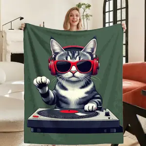 DJ Cat Music Note Throw Blanket Soft Flannel Bedspread Turntable Design Lightweight All Season Couch Bed Cover for DJs Music Lovers Retro Style Home Decor Gift Cool Cat Wearing Red Headphones Glasses Playing DJ on Turntable Warm Comfortable for Sofa Beds
