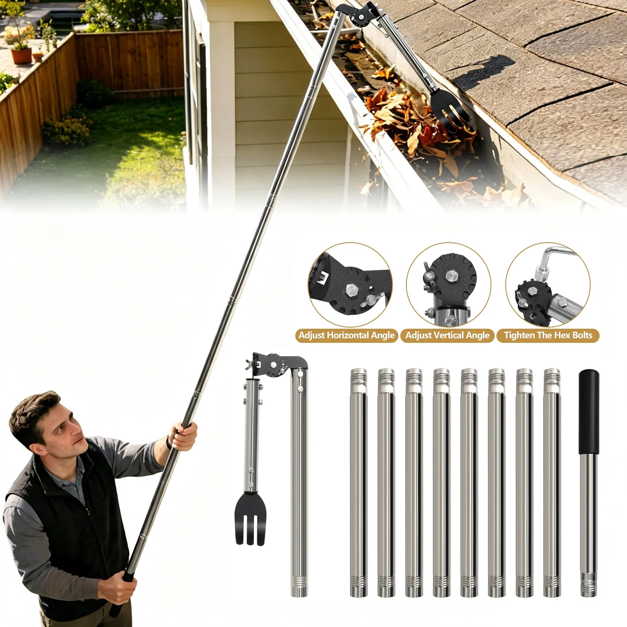 CKLT 8.5/12/15.5FT Gutter Cleaning Tool, Ladder-Free Ground Use Gutter Rake Kit with Spring Steel Head & Adjustable Pole for Leaves, Muck & Roof Debris