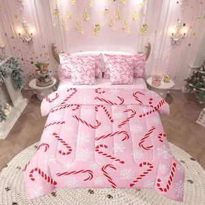 Xmas Candy Cane Bedding Set,Merry Christmas Bed in A Bag for Boys Girls,White Snowflake Comforter Set,Pink Christmas Ornaments Sheet Set