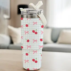 1 Pc 30oz insulated mug, cherry bow plaid design, double wall stainless steel, leak proof thermal mug, Vacuum Insulated Cup, hot cold drinks, keeps warm 12 hours, cold 24 hours, travel tumbler with handle, perfect gift for women, men