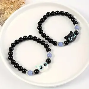 2pcs Set Glowing Black and White Cat Jewelry Bracelets for Couples or Sisters Adjustable Stretch Retro Cat-Themed Favors Year-Round Wearable Gift No Coating 16cm Perimeter Fits 7-9 inches Wrists