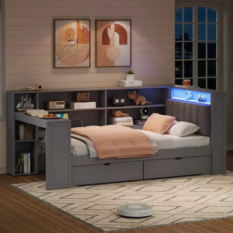 Wood Twin Size Daybed Platform Bed with Storage Shelves, Drawers, Charging Station, LED, Desk and Upholstered Headboard, No Box Spring Needed