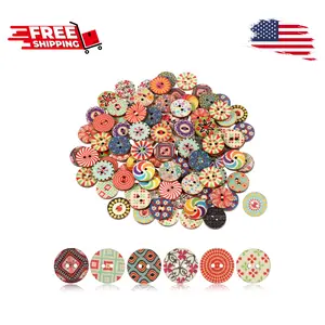 100 Pcs Multicolor Vintage Wooden Buttons, Round, 1.5cm (0.59 inch), Floral