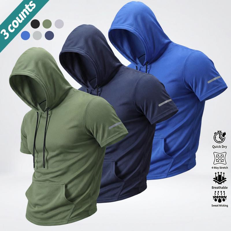 3-pack summer men’s solid-color minimalist versatile casual athletic tops: short-sleeve hooded sweatshirt, lightweight, comfortable slim fit for fitness and everyday wear