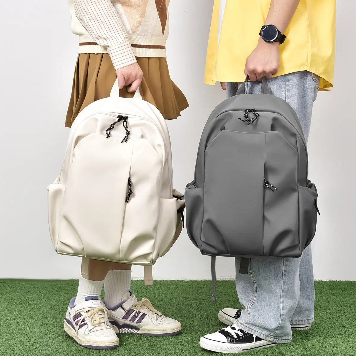 Minimalist Pleated Nylon Backpack with Contrast Drawstring Zipper Pulls | Lightweight Solid Color Casual Daypack with Side Pockets | Versatile Travel Rucksack for Daily Commute