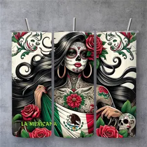 La Mexicana 20oz Tumbler with Vibrant Day of the Dead Art and Mexican Flag Design Perfect for Coffee and Tea