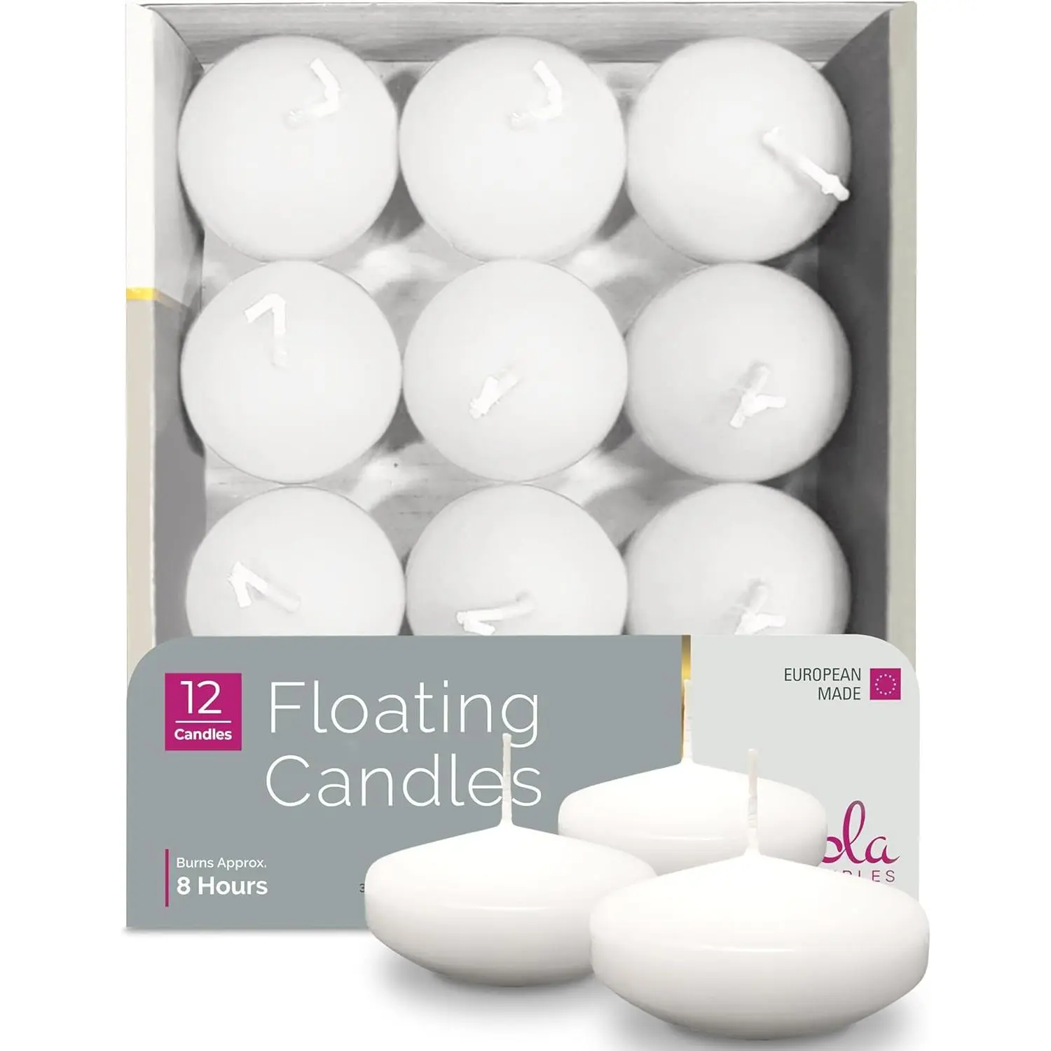 Premium White Floating Candles for Decoration - 3 in, 8-Hour Burn Time, 12-Pack, European-Made Home & Festive Party Supplies