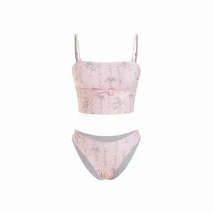 Cider Fruit & Gingham Square Neck Bowknot Bandeau Bikini Set
