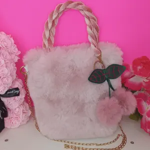 Women's Blush Pink Faux Fur Tote Bag with Double Braided Top Handles, Magnetic Closure and Cute Cherry Charm - Boho Chic Korean Style girly schoolbag