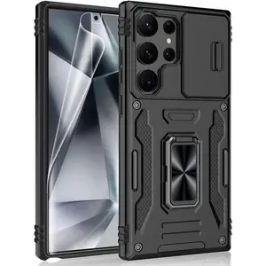 for  Galaxy S24 Ultra Case, Shockproof Phone Case & Sliding Camera Cover & Ring Holder Kickstand with Screen Protector for  Galaxy S24 Ultra 5G (6.8", 2024) [Black]