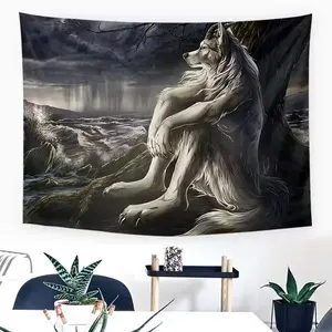 1 PC Flannel Printed Tapestry - Wall Hanging for Indoor Use, White Wolf Sitting in Sorrow Tapestry, Mural Decoration, Home Decor Tapestry, Suitable for Decorating Living Room， Office， Study of Home