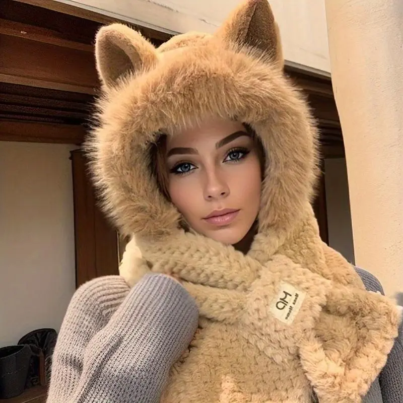 Solid Color Hooded Scarf Hat for Women, Cute Thick Thermal Plush Winter Wear with Cartoon Ears, Plain, Solid Colors, Plush Fabric, Female Fit, Extra Thick