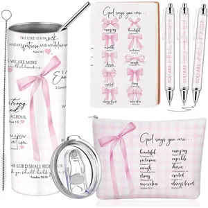 6 Pcs Pink Bow Christian Gift for Coquette Makeup Bag Christian Coquette Gifts for Girls Religious Pink Bow Notebook Ballpoint Pen for Daughter Sister School
