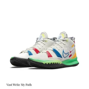 English：Cream White Breath Knit Mid Top Basketball Sneakers Multi Color Gloss Lock Straps Lime Green Cushion Trim Jagged Black Traction Rubber Sole Full Box Pack For Gym Workout Street Trend Daily All Purpose Athletic Shoes