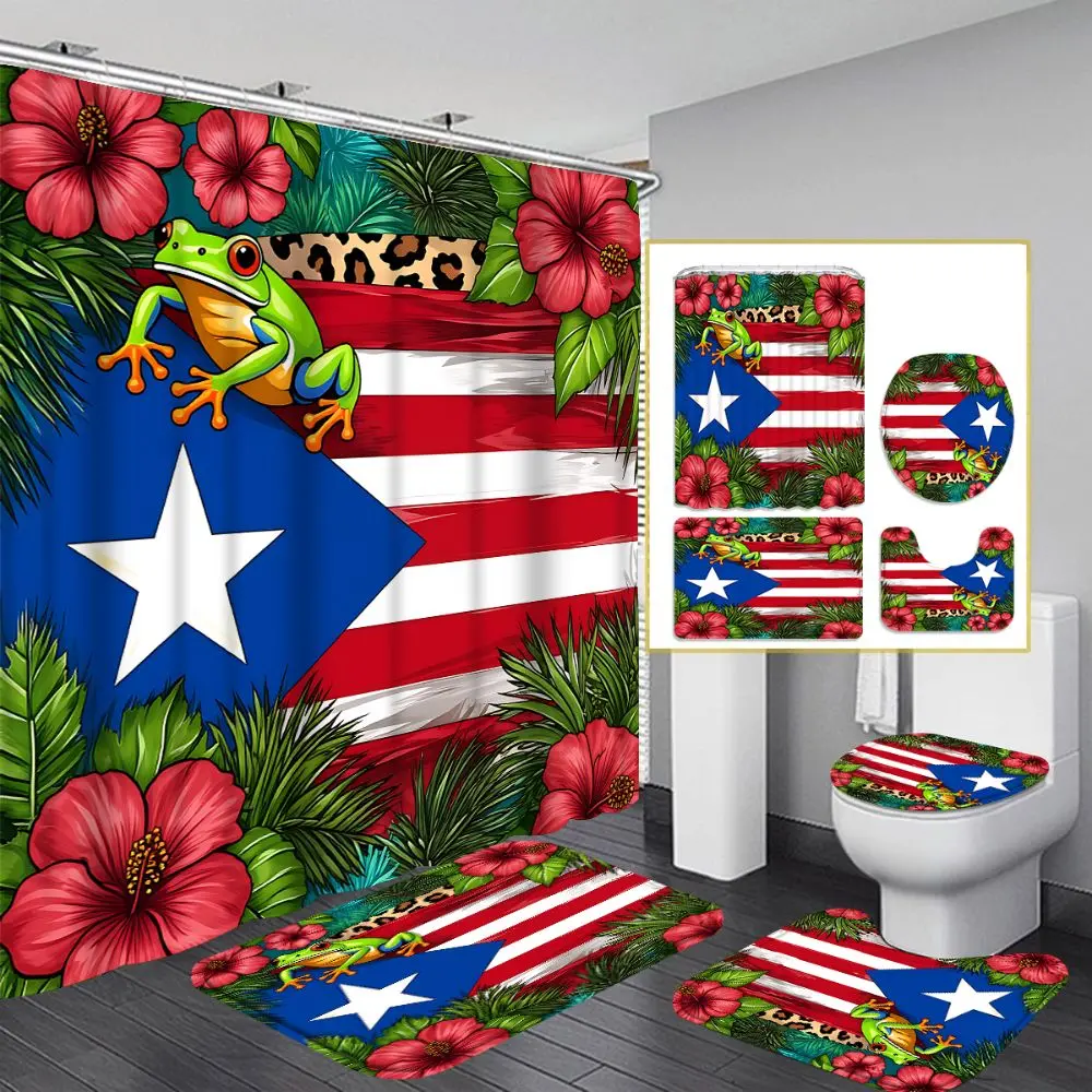 1PC/4PCS 2D flat Puerto Rico Flag Tropical Plants, Flowers, Multicolor, Floral Shower Curtain, Pretty shower curtain, for home bathroom decor, shower curtain set includes 12 hooks, non-slip bath mat, toilet seat cover