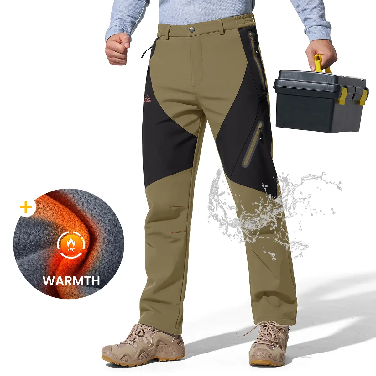 GOPUNE Men's Winter Work Pants, Fleece Insulated Ski Snow Pants, Water Resistant Outdoor Trousers with 4 Zip Pockets, Regular Fit for Hiking, Camping & Cold Weather