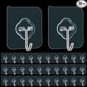 Adhesive Hooks, 32 Pack 33lb(Max) Sticky Hooks, Transparent Reusable Removable Adhesive Hooks for Hanging, Wall Hooks for Hanging Can be Use for Kitchen Bathroom Shower Outdoor Home Improvement