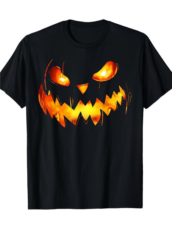 Men's Cotton Casual Gradient Short-Sleeve Crew Neck Tee - Spooky Glowing Jack-O'-Lantern Pumpkin Print, Breathable Novelty Halloween Menswear Costume Top