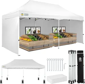 CROWN SHADES 10x20 Pop Up Canopy Tent, Thicken Frame Commercial Heavy Duty Tent, 4 Sidewalls 8 Stakes & 4 Sandbags & 4 Ropes, Outdoor Canopies for Events, Parties,White