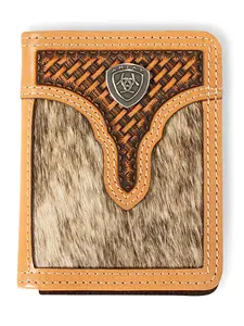 Ariat Men’s Bifold Leather Cowboy Wallet - Western Genuine Leather, Calf Hair, Basket Weave, Embossed Fold-Over Design, Logo, Multi-Function Card Slots, Style A3561848 (Embossing, Fold-Over, Logo, Multi-Function Men’s Wallets)