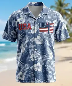 Men's Hawaiian Hibiscus USA Flag Print Vacation Shirt