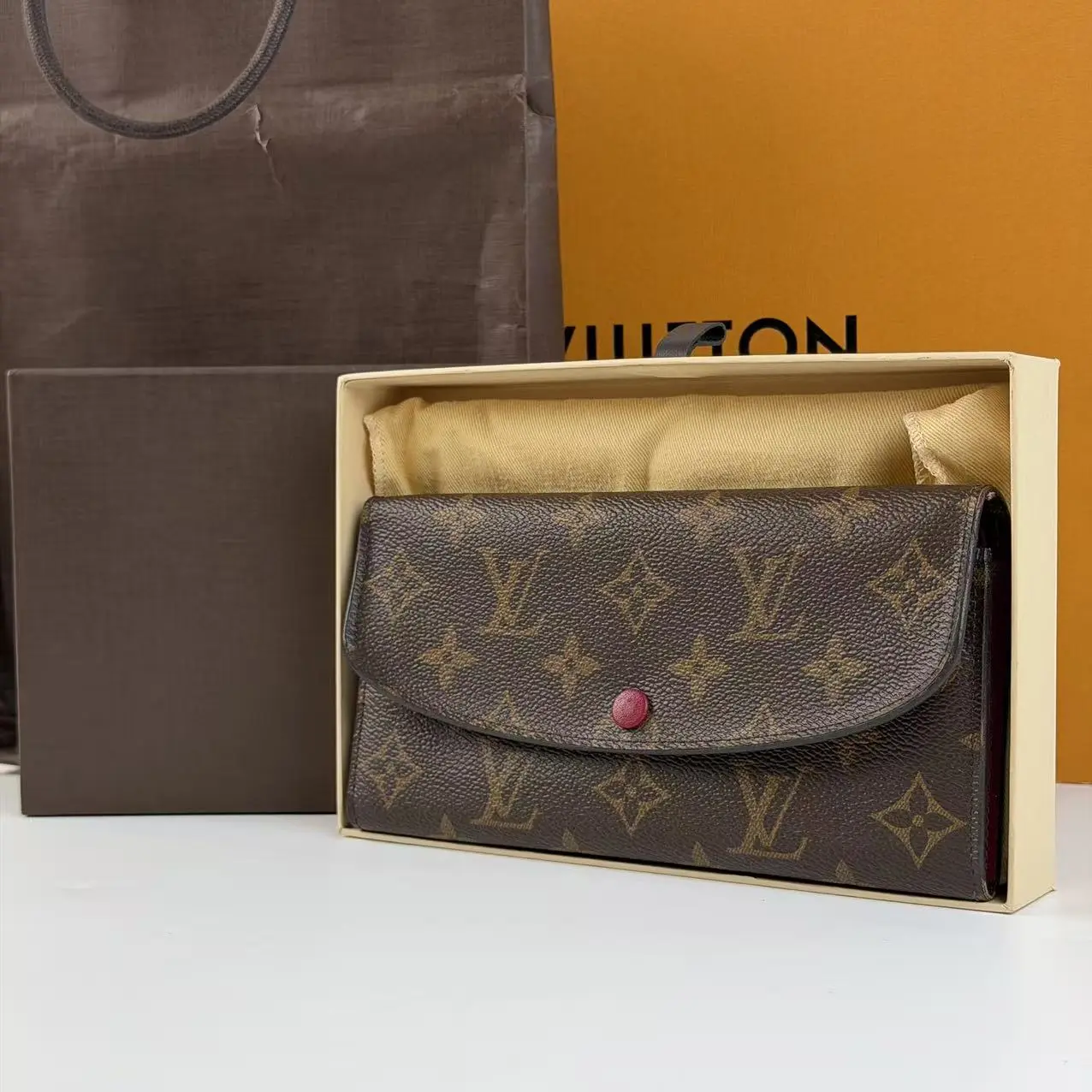 Pre-owned Louis Vuitton Emilie Classic Monogram Wallet Purse Button Flap Design, Small Leather Goods Clutch Wristlet Accessory