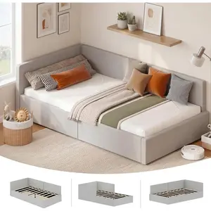 Garvee Twin Velvet Daybed with Headboard, Corner Bed Frame with Bed Rails, Upholstered Sofa Bed with Guardrail for Bedroom & Guest Room, Adjustable Installation, Wooden Slats Support, Light Grey