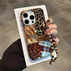Leopard striped splicing brown smartphone cover, Protective, glacier texture pattern back panel, hanging rope, suitable for 17ProMax/Air/16Pro Max/15Plus/14Pro Max/13Pro Max/12/11 series, winter holiday Christmas gifts for family, friends, and loved ones