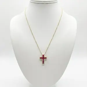Ruby Cross Necklace with Diamanté Accents Elegant Gold Chain & Red Gemstone Pendant for Women Size 18 Versatile Jewelry