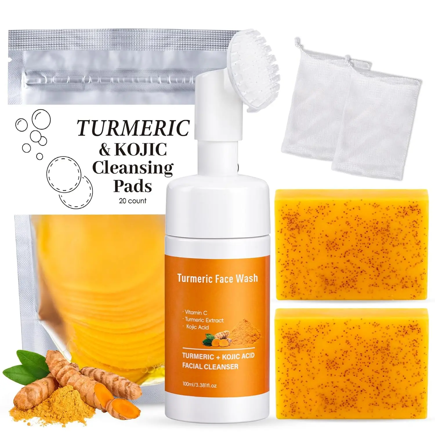 4 Pcs Turmeric Face Wash Set, 2 Pack 70g Turmeric Kojic Acid Soap | Includes Foaming Mousse with Brush, Scrub Pads for Gentle Face & Body Deep Cleansing Care