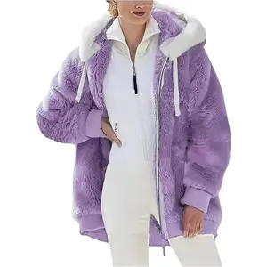 Sherpa Lined Jacket Women Casual Plus Size Fuzzy Fleece Jackets Zip Up Oversized Long Sleeve Warm Winter Coats With Hood