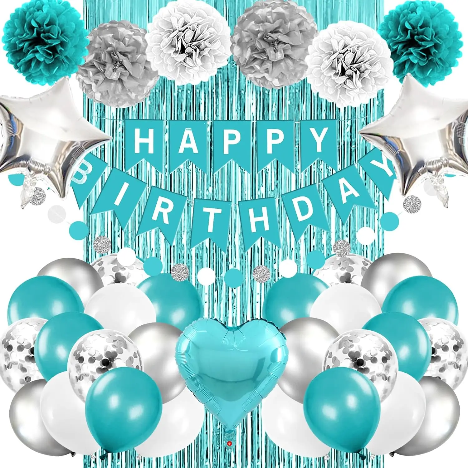 Iyosll Teal Blue and  Birthday Party Decorations Happy Birthday Banner Turquoise Aqua Teal Balloons Tissue Pom Poms Foil Fringe Curtain Decor Supplies for Women Girls boys men