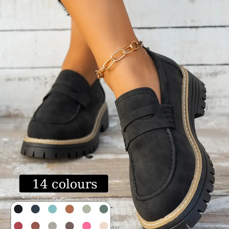 Women's Thick Sole Loafers, Comfortable Shoes, Wide Fit Round Toe Slip-On Casual Flats, Modern Style All Season Footwear