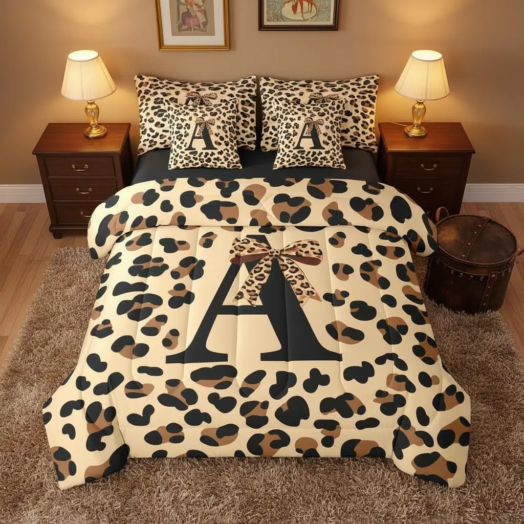 Leopard Print 7 Pieces Bedding Set,Alphabet Initial A Bow Comforter Set Coquette African Cheetah Comforter and Sheets Trendy Fashion Bowknot Bed Sets