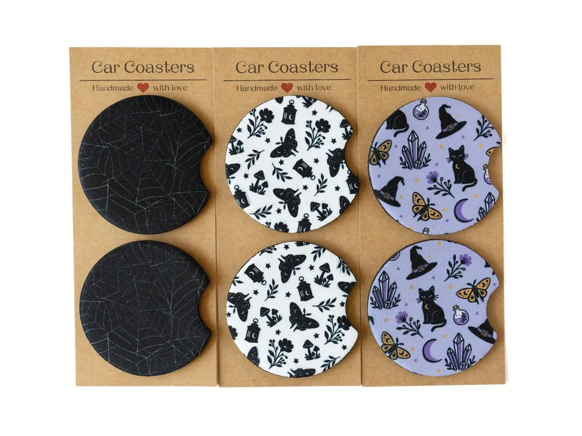 Witchy Soapstone Car Coasters, Black Cat & Spider Web Cup Holder Coasters, Gothic Halloween Car Accessories, Mystical Witch Gift