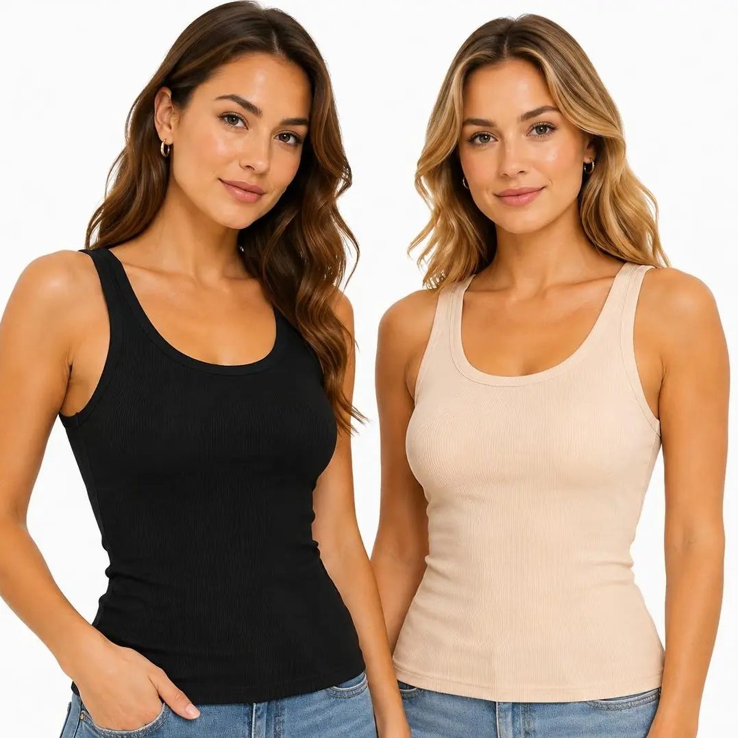Women's fitted tank top with built-in bra pads, soft and stretchy, suitable for sports, fitness, yoga, and everyday outfits.