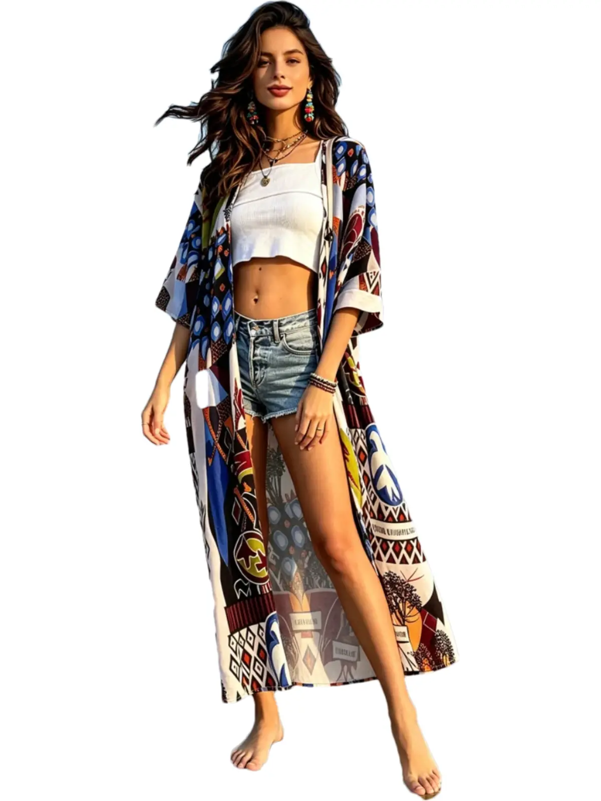 Plus Size Fashion Beach-Themed Cover-Ups - Open Front, Bird/Geometry Print Dusters for Swimwear Bikinis