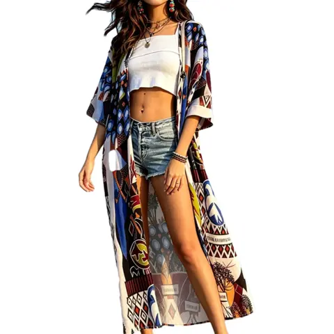 Plus Size Fashion Beach Cover Up - Long Sleeve, Open Front, Bird/Geometric Print Belted Duster, Modest Bohemian Boho-Inspired Look, Swimwear Bikini Cruise Ootd (Sports & Outdoor Swimwear Surfwear Cover Ups)