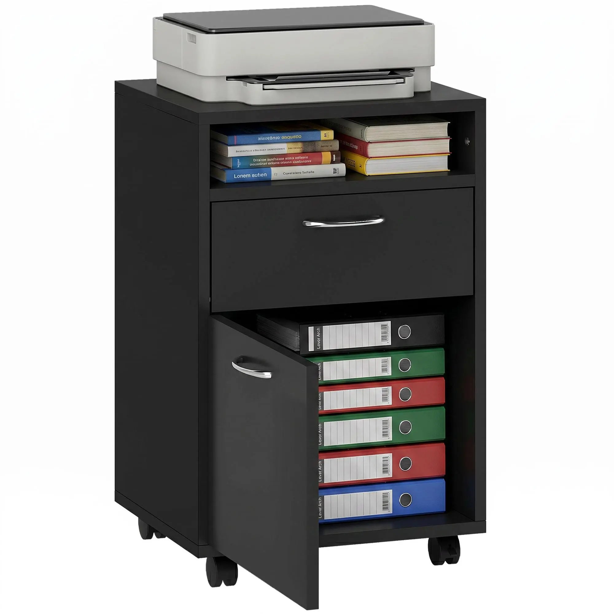 HOMCOM Mobile Storage Cabinet Organizer with Drawer and Cabinet, Printer Stand with Castors, Black