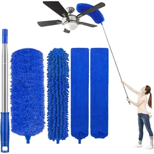 Microfiber Feather Duster 5-in-1 Kit for Dusting and Cleaning – 30–100" Extension Pole, Anti-Slip Grip, Bendable Washable Heads for Ceiling Fan, Furniture, Car (Blue)