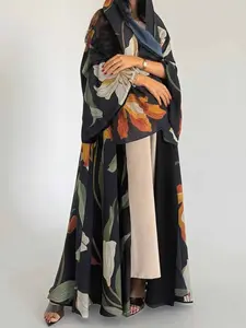 Women's Elegant Islamic Two-Piece Set with Scarf, Abaya Hijab Set, Open-Print Long Robe, Loose-Fit Woven Fabric, All Seasons Fashionable Clothing