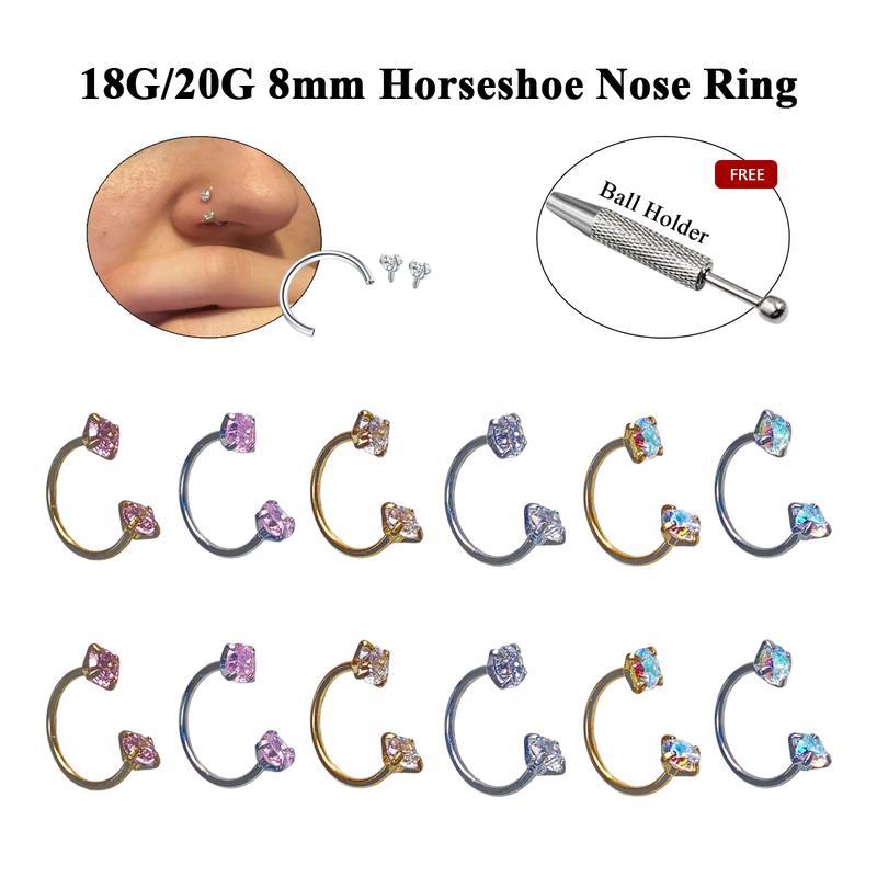1pc Horseshoe Nose Ring Set, 316L Stainless Steel Double Cubic Synthetic Zirconia Threadless Inner Thread Nose Stud Piercing for Women and Men, Soft Cartilage Lip Spiral Piercing Bead, Ear Cartilage Earring, Nose Mid-Ring, and More, Suitable for