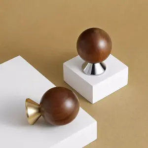 2pcs Vintage Walnut Wood Brass Pull Handles, Single Hole Round Ball Design, Silver Color Small Knobs for Wardrobe Door Drawer Cabinet