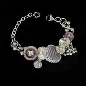 Vintage Mixed-Media Charm Bracelet with Fabric Heart & Silver Beads